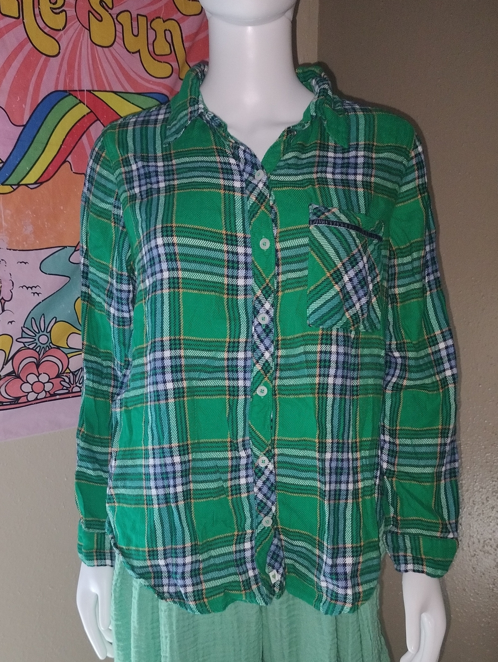 Aerie Green Plaid Button Down Shirt Sz S